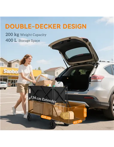 Outsunny Double Decker Folding Festival Trolley on Wheels, 200KG & 350L Capacity Collapsible Wagon Festival Trolley Cart with 13