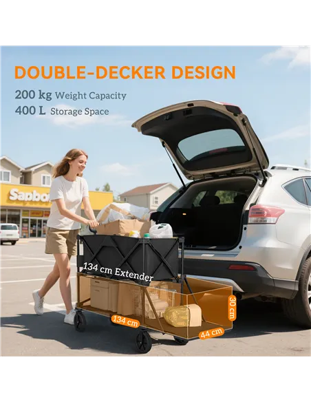 Outsunny Double Decker Folding Festival Trolley on Wheels, 200KG & 350L Capacity Collapsible Wagon Festival Trolley Cart with 13