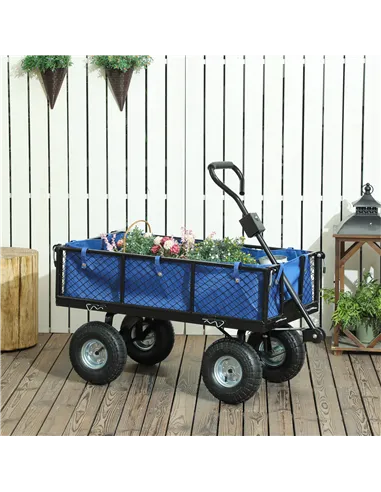 Outsunny 114L Steel Frame Garden Cart Trolley - Blue