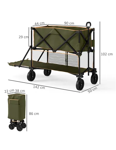 Outsunny Double Decker Folding Festival Trolley on Wheels, 200KG & 350L Capacity Collapsible Wagon Festival Trolley Cart with 13