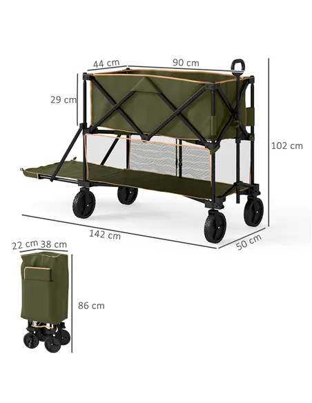 Outsunny Double Decker Folding Festival Trolley on Wheels, 200KG & 350L Capacity Collapsible Wagon Festival Trolley Cart with 13