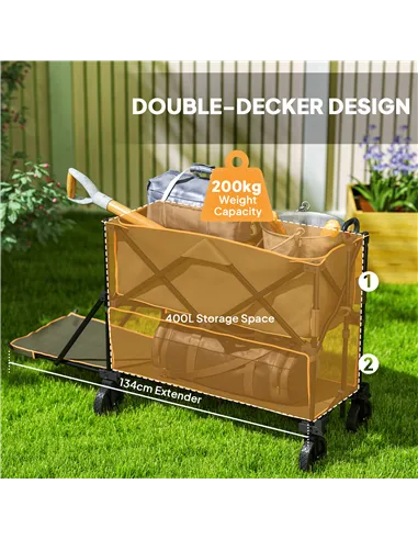 Outsunny Double Decker Folding Festival Trolley on Wheels, 200KG & 350L Capacity Collapsible Wagon Festival Trolley Cart with 13