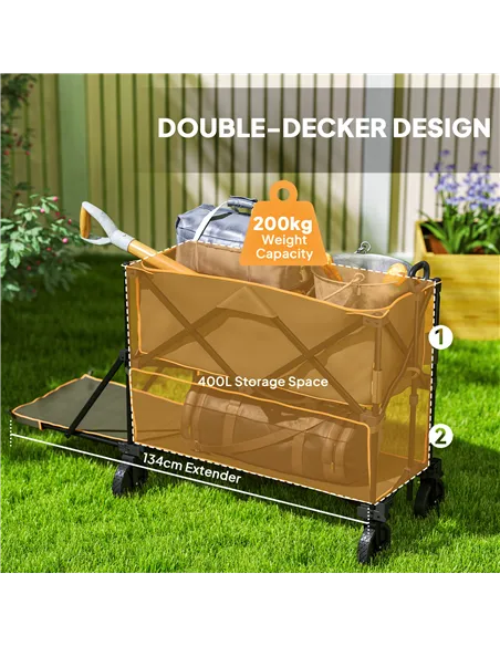 Outsunny Double Decker Folding Festival Trolley on Wheels, 200KG & 350L Capacity Collapsible Wagon Festival Trolley Cart with 13