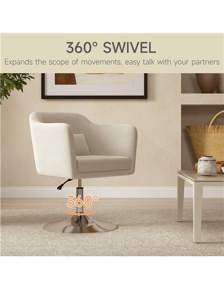 HOMCOM Modern Accent Chair with Swivel Base, Height Adjustable Arm Chair with Pillow for Living Room, Bedroom, Cream White