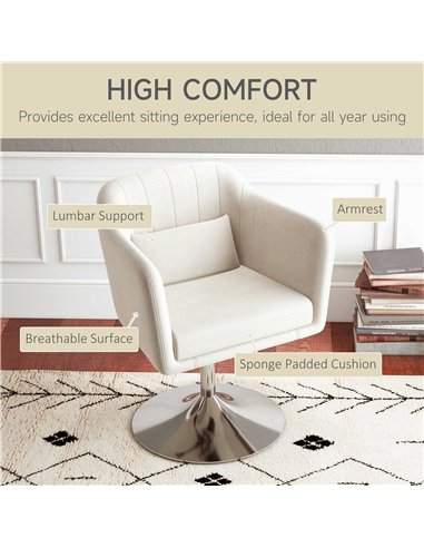 HOMCOM Modern Accent Chair with Swivel Base, Height Adjustable Arm Chair with Pillow for Living Room, Bedroom, Cream White