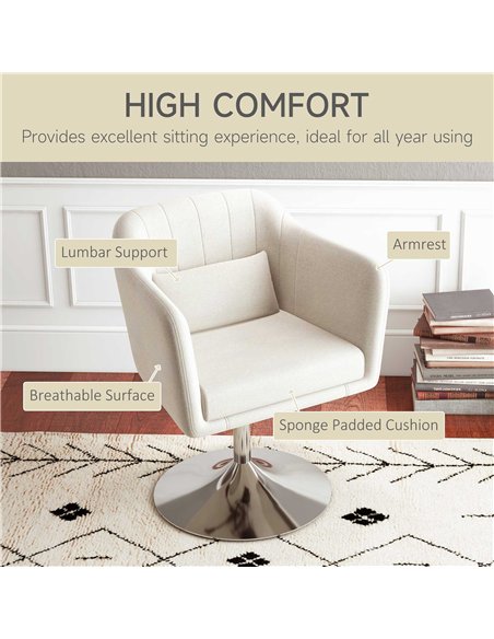 HOMCOM Modern Accent Chair with Swivel Base, Height Adjustable Arm Chair with Pillow for Living Room, Bedroom, Cream White