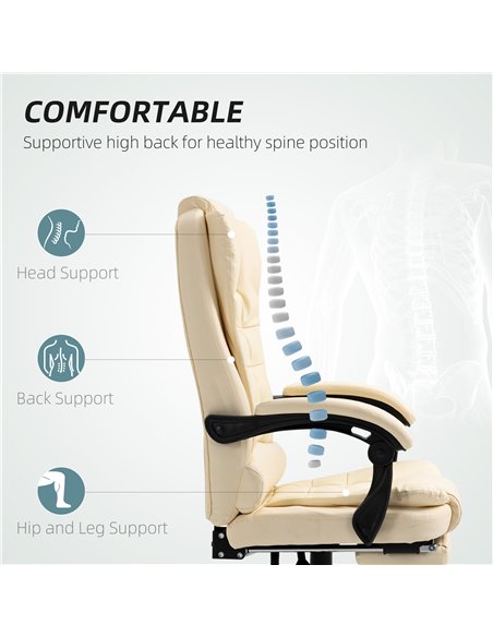 HOMCOM Executive Office Chair, Home Office Chair with Swivel Wheels, Reclining Backrest, Retractable Footrest, Cream White