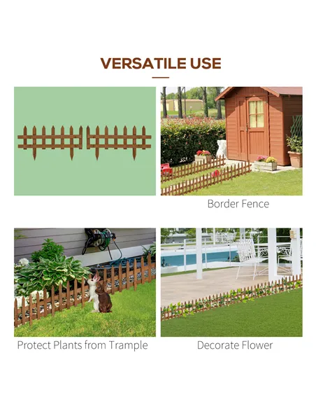 Outsunny Pack of 12 Wooden Border Fences, Garden Fixed Picket Fence for Lawn Edging, Flowerbed, 60L x 1D x 34H cm, Brown
