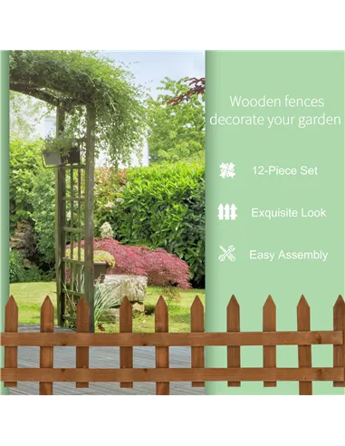 Outsunny Pack of 12 Wooden Border Fences, Garden Fixed Picket Fence for Lawn Edging, Flowerbed, 60L x 1D x 34H cm, Brown