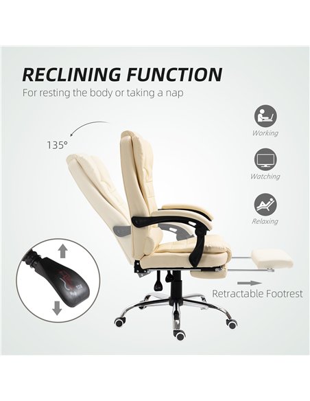 HOMCOM Executive Office Chair, Home Office Chair with Swivel Wheels, Reclining Backrest, Retractable Footrest, Cream White