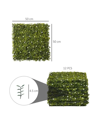 Outsunny 12PCS Artificial Boxwood Wall Panels 50cm x 50cm Grass Privacy Fence Screen Faux Hedge Greenery Backdrop Encrypted Mila