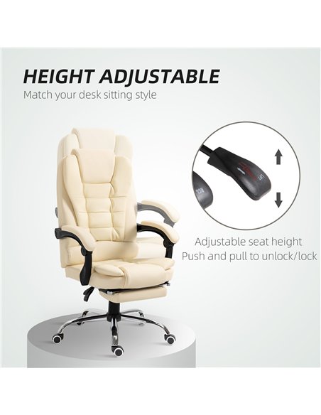 HOMCOM Executive Office Chair, Home Office Chair with Swivel Wheels, Reclining Backrest, Retractable Footrest, Cream White