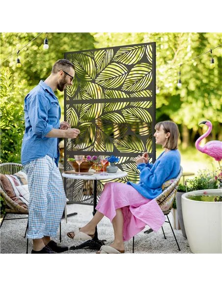 Outsunny Metal Decorative Privacy Screen Outdoor Divider, Black Leaf