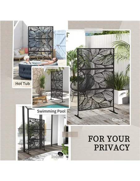Outsunny Metal Decorative Privacy Screen Outdoor Divider, Black Leaf