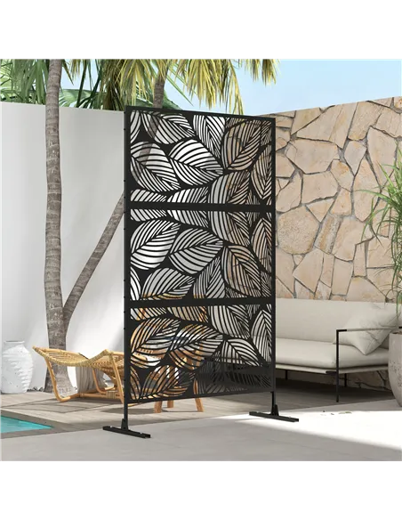 Outsunny Metal Decorative Privacy Screen Outdoor Divider, Black Leaf