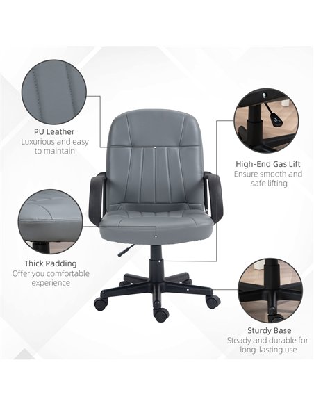 HOMCOM Office Chair, PU Leather Computer Desk Chair with Adjustable Height, Swivel Wheels for Home Office Work Study, Grey