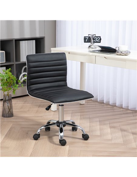HOMCOM Armless Task Desk Chair, Swivel Office Chair with Faux Leather, Adjustable Seat Height, Chrome Base, Wheels for Home, Bla
