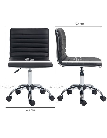 HOMCOM Armless Task Desk Chair, Swivel Office Chair with Faux Leather, Adjustable Seat Height, Chrome Base, Wheels for Home, Bla
