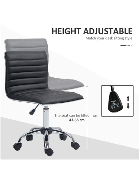 HOMCOM Armless Task Desk Chair, Swivel Office Chair with Faux Leather, Adjustable Seat Height, Chrome Base, Wheels for Home, Bla