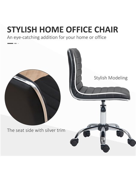 HOMCOM Armless Task Desk Chair, Swivel Office Chair with Faux Leather, Adjustable Seat Height, Chrome Base, Wheels for Home, Bla