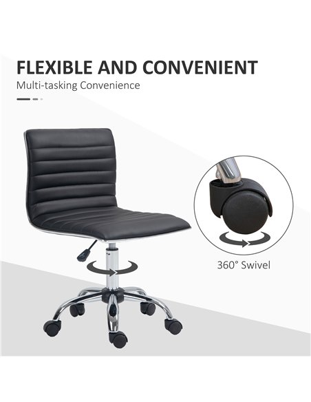 HOMCOM Armless Task Desk Chair, Swivel Office Chair with Faux Leather, Adjustable Seat Height, Chrome Base, Wheels for Home, Bla