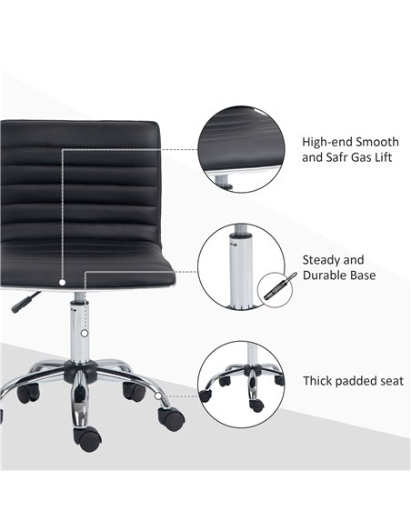 HOMCOM Armless Task Desk Chair, Swivel Office Chair with Faux Leather, Adjustable Seat Height, Chrome Base, Wheels for Home, Bla
