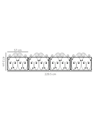 Outsunny Set of Four 57cm Leaf Scroll Metal Fence Panels - Black