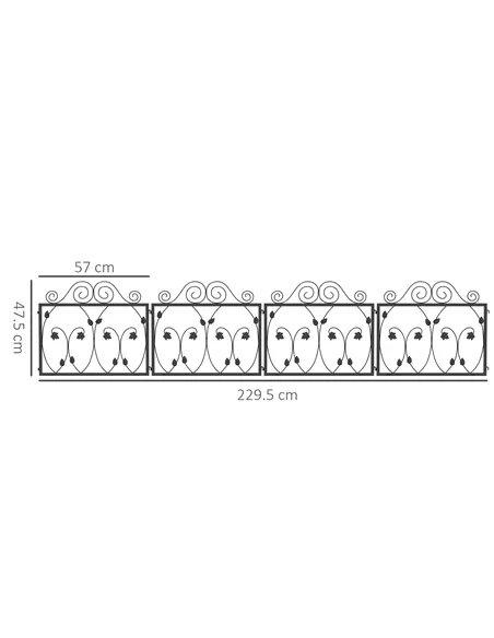 Outsunny Set of Four 57cm Leaf Scroll Metal Fence Panels - Black
