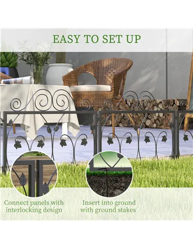 Outsunny Set of Four 57cm Leaf Scroll Metal Fence Panels - Black