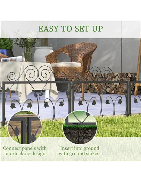 Outsunny Set of Four 57cm Leaf Scroll Metal Fence Panels - Black