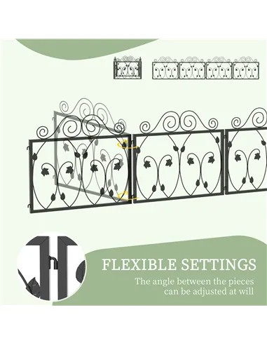 Outsunny Set of Four 57cm Leaf Scroll Metal Fence Panels - Black