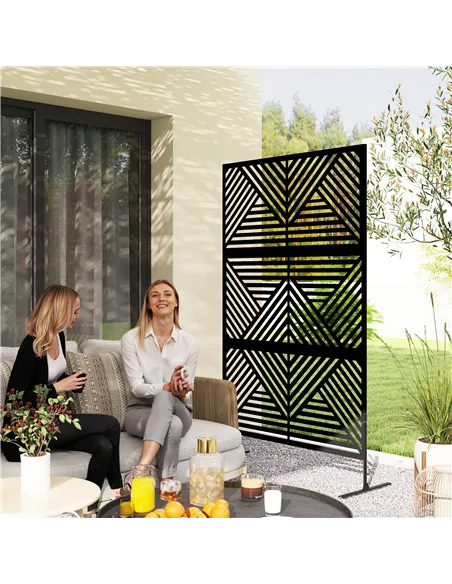Outsunny Decorative Garden Privacy Screen with Stand, 6.5FT Freestanding Metal Outdoor Divider, Decorative Privacy Panel with Ex