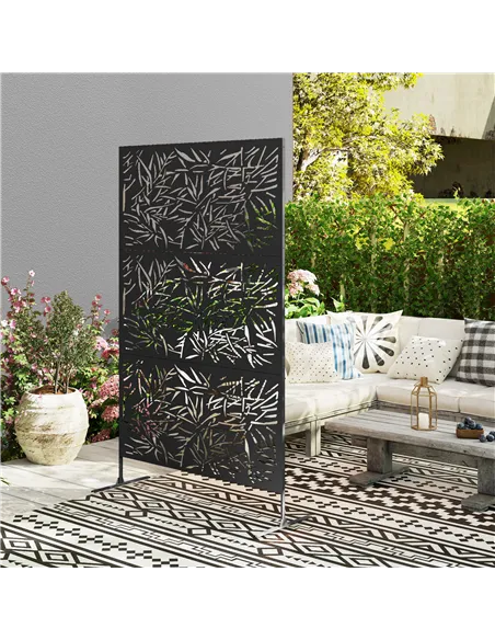 Outsunny Decorative Garden Privacy Screen with Stand, 6.5FT Freestanding Metal Outdoor Divider, Decorative Privacy Panel with Ex
