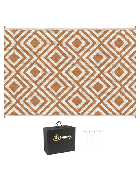 Outsunny Reversible Outdoor Rug, Plastic Straw Mat w/ Carry Bag Ground Stakes for Garden RV Picnic Beach Camping 182x274cm Brown