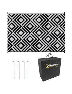 Outsunny Reversible Outdoor Rug, Plastic Straw Mat w/ Carry Bag Ground Stakes for Garden RV Picnic Beach Camping 182x274cm Black