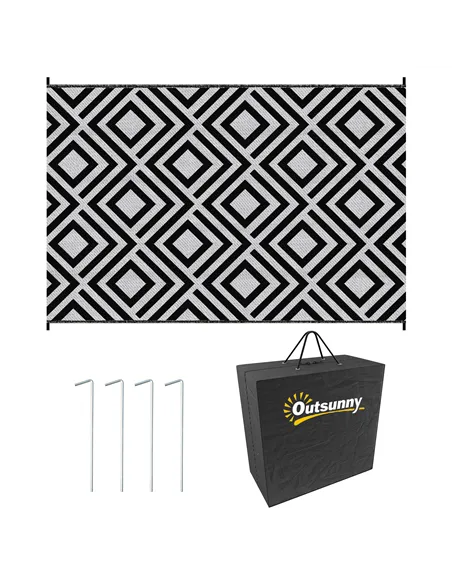 Outsunny Reversible Outdoor Rug, Plastic Straw Mat w/ Carry Bag Ground Stakes for Garden RV Picnic Beach Camping 182x274cm Black