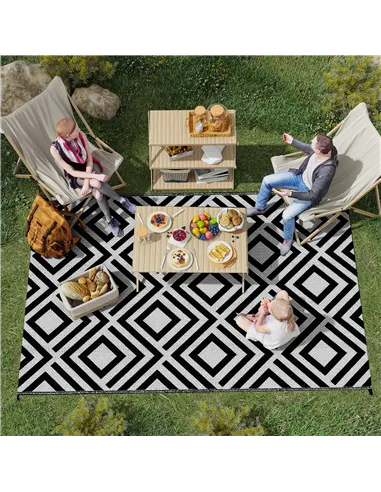 Outsunny Reversible Outdoor Rug, Plastic Straw Mat w/ Carry Bag Ground Stakes for Garden RV Picnic Beach Camping 182x274cm Black