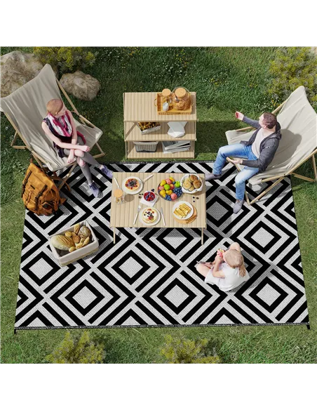 Outsunny Reversible Outdoor Rug, Plastic Straw Mat w/ Carry Bag Ground Stakes for Garden RV Picnic Beach Camping 182x274cm Black