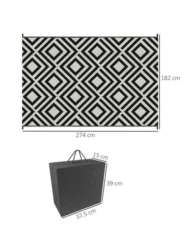 Outsunny Reversible Outdoor Rug, Plastic Straw Mat w/ Carry Bag Ground Stakes for Garden RV Picnic Beach Camping 182x274cm Black