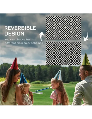 Outsunny Reversible Outdoor Rug, Plastic Straw Mat w/ Carry Bag Ground Stakes for Garden RV Picnic Beach Camping 182x274cm Black