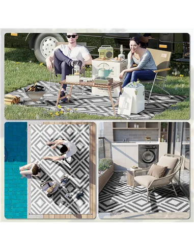 Outsunny Reversible Outdoor Rug, Plastic Straw Mat w/ Carry Bag Ground Stakes for Garden RV Picnic Beach Camping 182x274cm Black