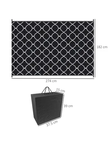 Outsunny Reversible Outdoor Rug, Plastic Straw Mat w/ Carry Bag Ground Stakes for Garden RV Picnic Beach Camping 182x274cm Black