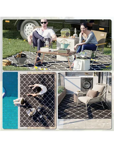 Outsunny Reversible Outdoor Rug, Plastic Straw Mat w/ Carry Bag Ground Stakes for Garden RV Picnic Beach Camping 182x274cm Black