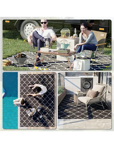 Outsunny Reversible Outdoor Rug, Plastic Straw Mat w/ Carry Bag Ground Stakes for Garden RV Picnic Beach Camping 182x274cm Black
