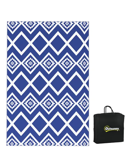 Outsunny Plastic Straw Reversible RV Outdoor Rug with Carry Bag, 182 x 274cm, Blue and White