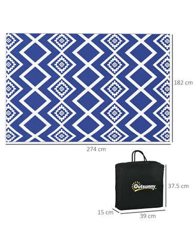 Outsunny Plastic Straw Reversible RV Outdoor Rug with Carry Bag, 182 x 274cm, Blue and White