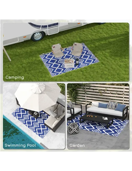Outsunny Plastic Straw Reversible RV Outdoor Rug with Carry Bag, 182 x 274cm, Blue and White
