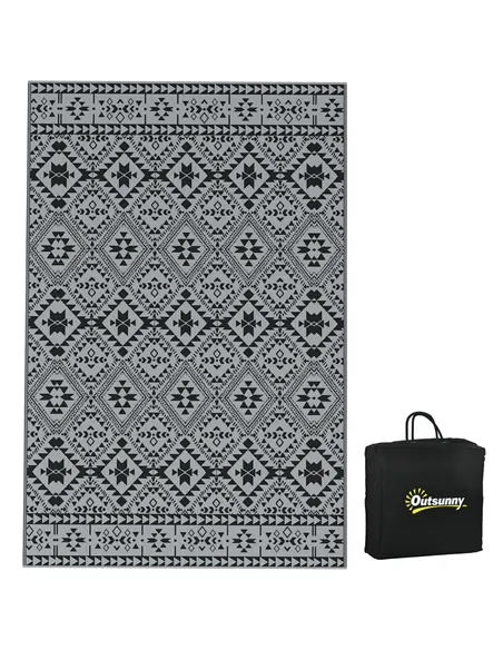 Outsunny 182 x 274cm Reversible Patterned Outdoor Rug, with Bag - Black/Grey