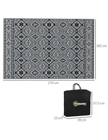 Outsunny 182 x 274cm Reversible Patterned Outdoor Rug, with Bag - Black/Grey
