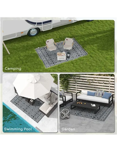 Outsunny 182 x 274cm Reversible Patterned Outdoor Rug, with Bag - Black/Grey